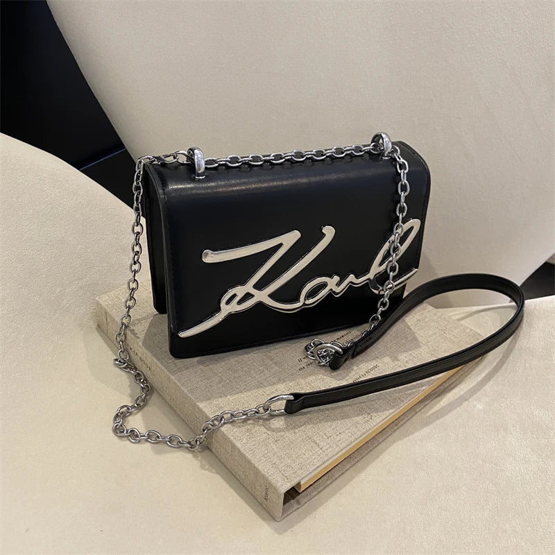 Fashionable Crossbody Bag Solid Color Shoulder Bag Metal Letter Logo ChainLink Strap Featuring Magnetic Button for Daily Use