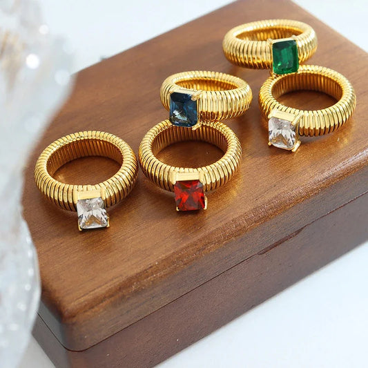 18K Gold Plated Waterproof Multi-color Crystal Chunky Striped Texture Rings Delicate Shiny Square Zircon Wed Ring Punk Jewelry