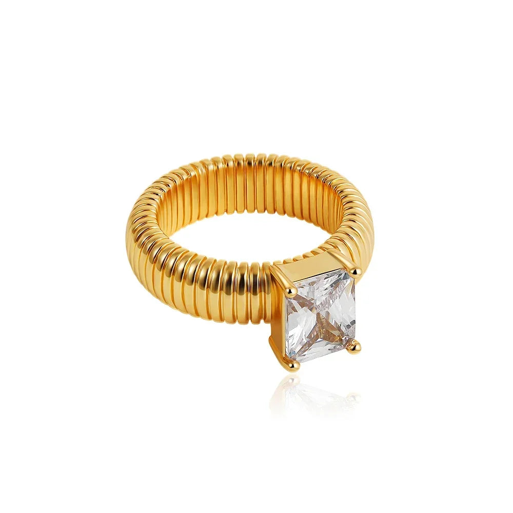 18K Gold Plated Waterproof Multi-color Crystal Chunky Striped Texture Rings Delicate Shiny Square Zircon Wed Ring Punk Jewelry
