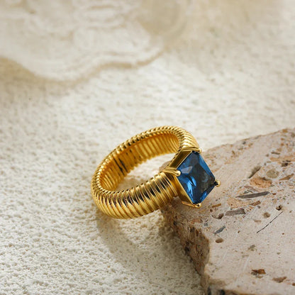 18K Gold Plated Waterproof Multi-color Crystal Chunky Striped Texture Rings Delicate Shiny Square Zircon Wed Ring Punk Jewelry