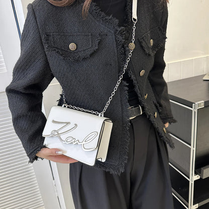 Fashionable Crossbody Bag Solid Color Shoulder Bag Metal Letter Logo ChainLink Strap Featuring Magnetic Button for Daily Use